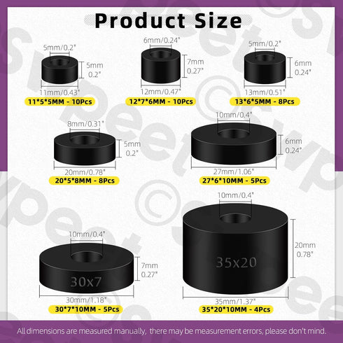 Swpeet 50Pcs 7 Sizes Round Rubber Spacer Assortment Kit, 5/6/8/10mm Anti Vibration Black Rubber Washers Kit, Neoprene Spacer Multi Purpose Thick Rubber Grommets for Home and Car Accessories