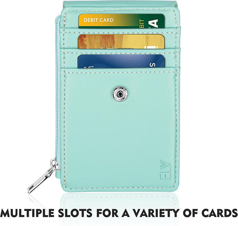 ELV Badge Holder with Zipper, PU Leather ID Card Holder Wallet, 5 Card Slots, RFID Blocking Pocket, Mint