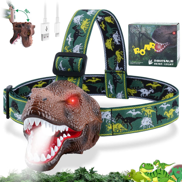 Kids Dinosaur Headlamp Flashlight - Rechargeable LED Headlights with Roar & Silent Mode, T-Rex Toys