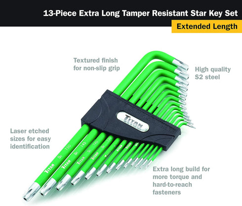 12715 Set 13 1 Titan Tools Extra-Long Arm Tamper Resistant Star Key - Piece , Green
