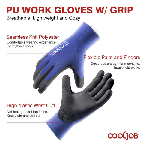 COOLJOB 12/60 Pairs Bulk Safety Work Gloves with Grip, 13 Gauge Ultra-lite PU Dipped Gloves Pack for Gardening, Warehouse Work, Polyurethane Breathable Lightweight Gloves for Men Women, Blue Large