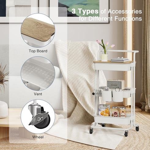 DTK 3 Tier Rolling Utility Cart, Movable Kitchen Storage Trolley with Lockable Wheels for Home Office Organization