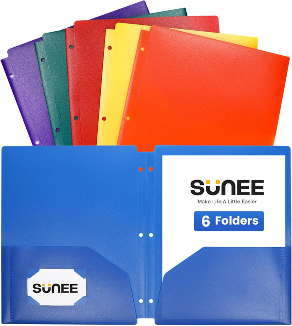 SUNEE 3 Hole Pocket Folders, 6 Pack Assorted Color Plastic Folders for 3 Ring Binder, 3-Hole Punched for Kids,