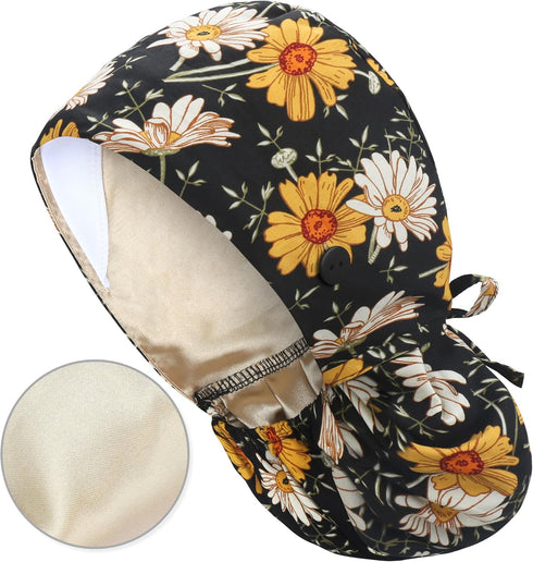 IRIS CRAFT Satin-Lined Scrub Cap with with Ponytail Pocket, Cotton Scrub Medical Nurse Hat