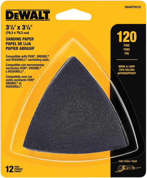 DEWALT DWASPTRI123 Hook & Loop Triangle Sandpaper, 120 Grit - 12 PK