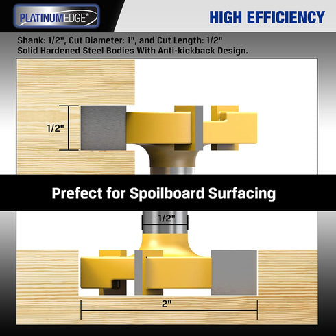PLATINUMEDGE CNC Spoilboard Surfacing Router Bit, 1/2 inch Shank, 2 inch Cutting Diameter, 3 Carbide Cutting Wings