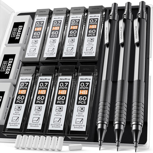 Nicpro 0.7 mm Mechanical Pencil Set with Case, 3 Metal Artist Pencils, 8 Tube HB Lead Refills