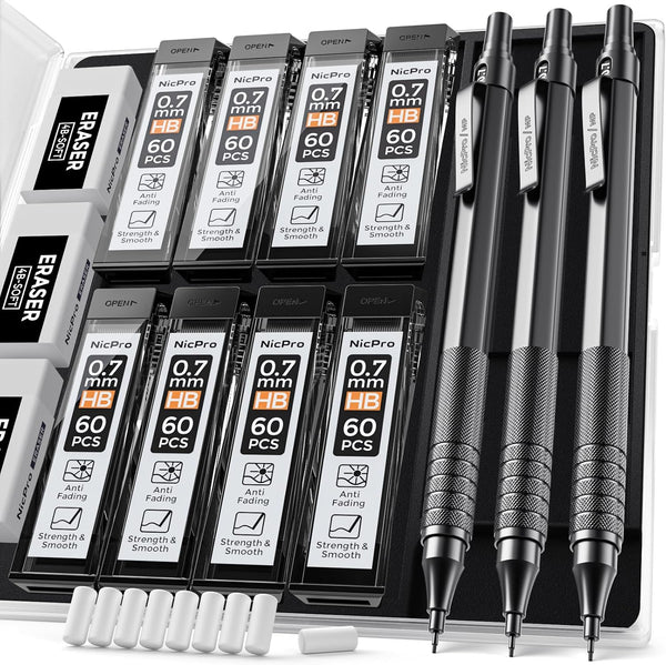 Nicpro 0.7 mm Mechanical Pencil Set with Case, 3 Metal Artist Pencils, 8 Tube HB Lead Refills