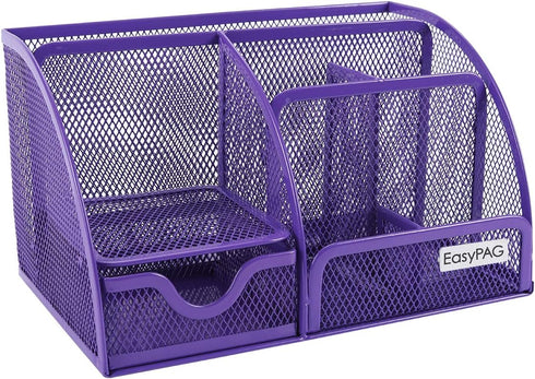 EasyPAG Mesh Office Desktop Organizer with Drawer Metal Stationary Desk Caddy, 6 Compartments,Purple by EasyPAG