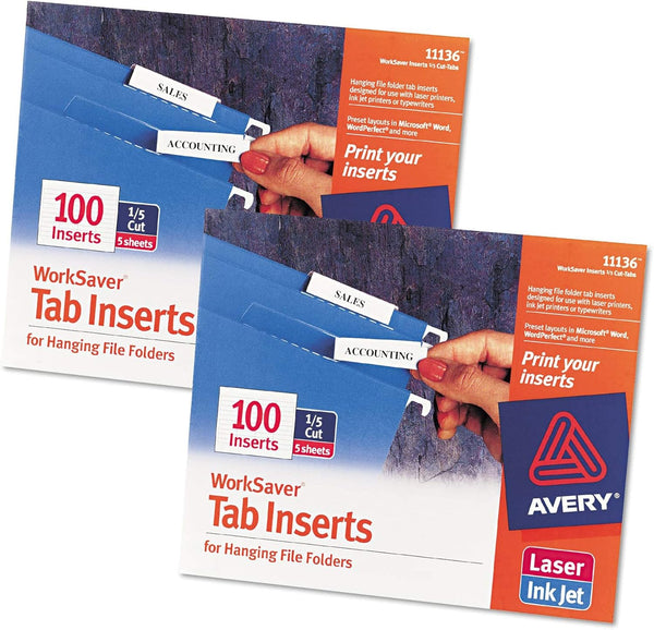Avery Laser/Inkjet Inserts for Hanging File Folders, 1/5 Tab, 2in, White, 100/Pack - Sold as 2 Packs of 100, Total 200