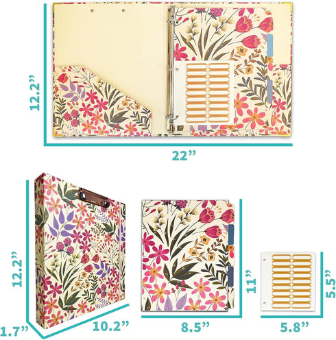 Binditek 3 Ring Binder, 1 Inch Round Ring Binder with 5-Tab Binder Dividers, 2 Interior Pockets, Low Profile Clip Clipboards and Labels Stickers, for Letter Size, 175 Sheet Capacity, 1 Pack, Floral by Binditek