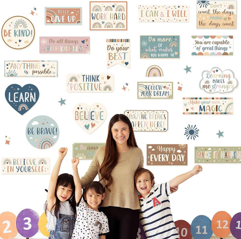 Bulletin Board Decorations Positive Affirmation Poster Cutouts, Boho Rainbow Motivational Banner for Classroom