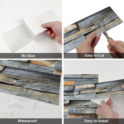 3-Pieces Peel and Stick Backsplash Tiles for Kitchen 4"x 12" PVC Self-Adhesive Subway Matte Faux Stone Wall Panel