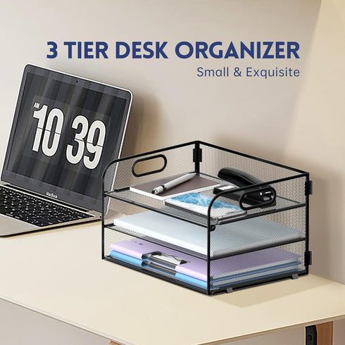 Supeasy 3 Tier Paper Organizer with Handle, Mesh Desk Organizer Letter Tray, Paper Tray Organizer File Organizer for A4 File Folder, Black by SUPEASY