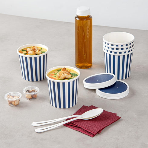 Restaurantware Bio Tek 12 Ounce Soup Containers, 25 Durable Disposable Blue and White Paper Soup Bowls