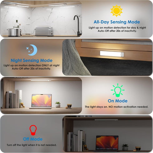 Counter Closet 3-Pack, Motion Sensor Under Cabinet Lights, Magnetic Rechargeable Under Light, Wireless Night Light Bar