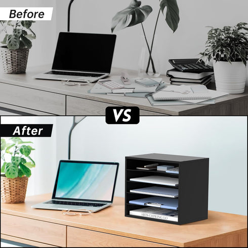 SUPEASY Wood Desk Organizer - 5 Tier Paper File Organizer for Desk, Wooden Desktop Organizer for Office, School, Home