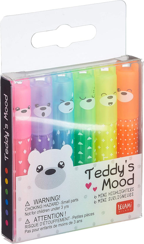 Legami Set of 6 Mini Highlighters, Teddy's Mood, 6 Pieces
