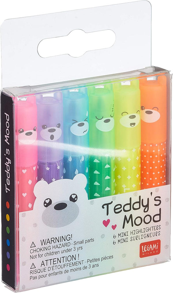 Legami Set of 6 Mini Highlighters, Teddy's Mood, 6 Pieces