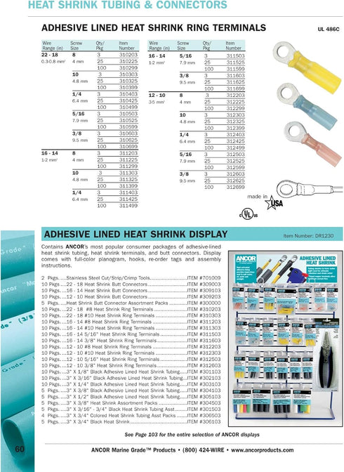 ANCOR MARINE GRADE 311299 Electrical Heat Shrink Ring Terminals, 100-Pack, 16 to 14-Gauge, Size 8 Screw