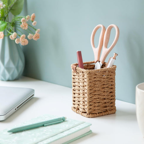 U Brands Woven Pencil Cup, Rattan-Inspired Wicker Style Office Organization Supplies, 1 Count
