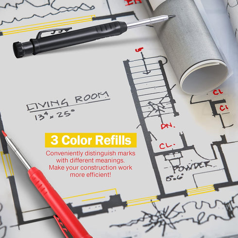 Hiboom 2 Pack Solid Carpenter Pencil with 14 Refill, Long Nosed Deep Hole Mechanical Pencil Marker with Built-in