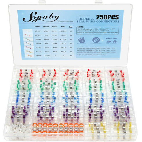 Sopoby 250PCS Solder Seal Wire Connectors, Waterproof Self-Solder Heat Shrink Butt Splice Terminals for Automotive (7