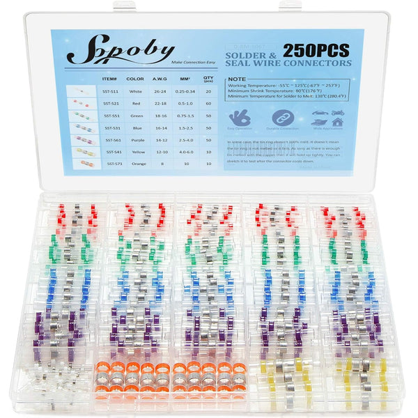 Sopoby 250PCS Solder Seal Wire Connectors, Waterproof Self-Solder Heat Shrink Butt Splice Terminals for Automotive (7