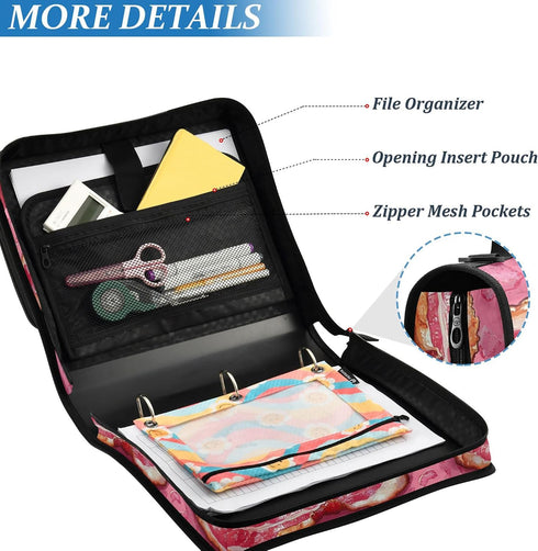 Fisyme 3 Cartoon Bacon Meat Cute Zipper Binder Ring with Zipper and Shoulder Strap Large Capacity Multi-Pocket Binder