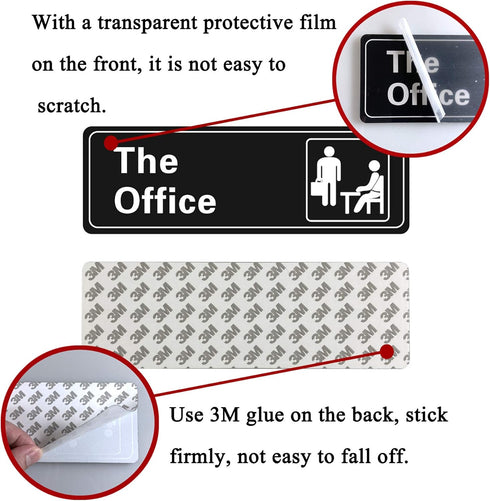 The Office Sign Self-Adhesive Acrylic Sign for Door or Wall, 9 X 3 Inch Name Plate (Black and White)
