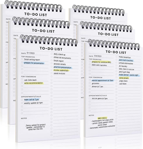 To Do List Notepad 6 Pack, 5.2 x 8" Spiral Daily Planner with 35 Sheets for Work, Note, and Todo Organization