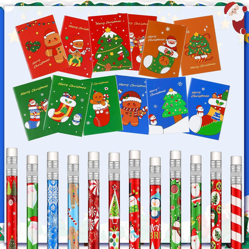 Yexiya 72 Pcs Christmas Notebooks and Pencils Bulk Set, Holiday Small Notebooks and Wooden Pencils