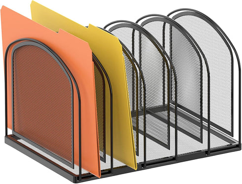SUPEASY Black 5-Section Mesh File Organizer, Upright Desktop Organizer, File Sorter for Office Supplies