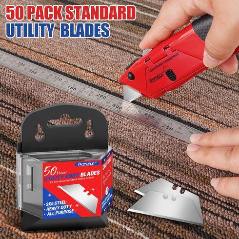 DIYSELF 50 Pack Utility Knife Blades, SK5 Steel Box Cutter Blades with Dispenser for Utility Knife Replacement