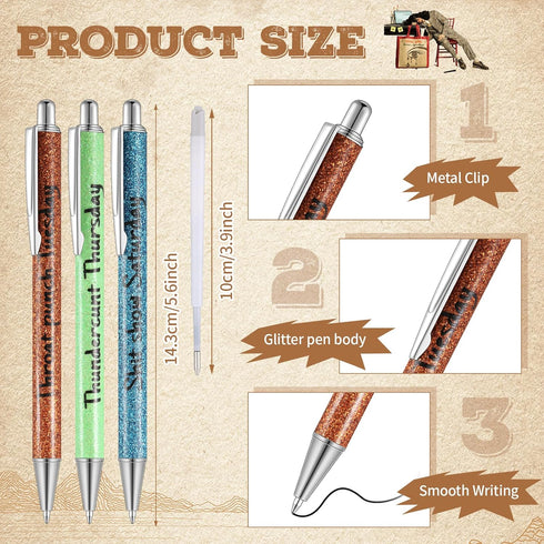Sherr 7 Pcs Christmas Weekday Pens, Glitter Funny Ballpoint Pens with 10 Black Ink Refills, Rainbow Week Gifts