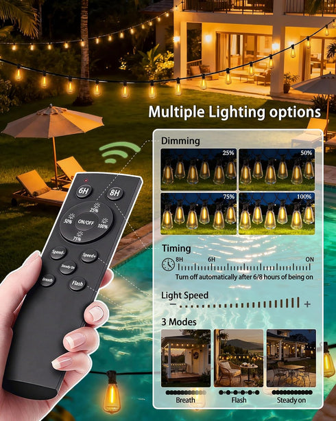 Dimmable 50FT 18+1 ST38 Bulbs Outdoor String Lights Waterproof with Remote, Shatterproof Edison LED Hanging Outside