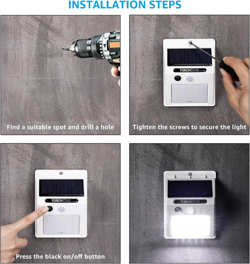IP65 6500K Pack 4 TORCHSTAR Outdoor LED Solar Powered Motion Sensor Light, Waterproof Cordless Outdoor Wall Lighting