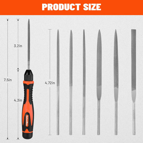 ValueMax 7PCS Interchangeable Needle File Set, Includes Flat, Round, Half-Round, Square Files and Handle