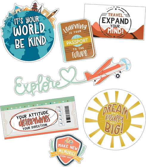 Carson Dellosa Let's Explore 16-Piece Inspirational Bulletin Board Cutouts, Travel Theme Classroom Wall Decor