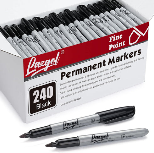 LAZGOL Permanent Markers Bulk, 240 Pack Fine Tip Black Permanent Markers, Waterproof Markers,