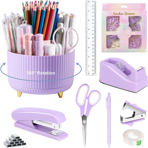 Purple Desk Accessories, 360° Pen Holder with Tape Dispenser, Stapler, and Office Supplies Set