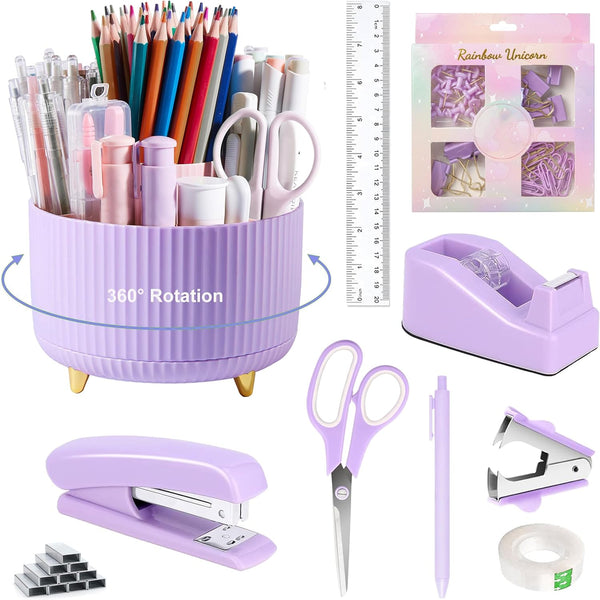 Purple Desk Accessories, 360° Pen Holder with Tape Dispenser, Stapler, and Office Supplies Set