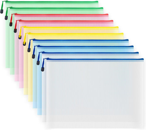 AUSTARK 10 Pcs Zipper File Bags, Waterproof Plastic Mesh Pouch for Office School Storage (A3 Size)