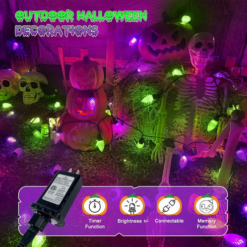 2PK 100 C9 98FT C9 13 LORRYTE Extendable Purple and Green LED Halloween Lights Indoor Outdoor Waterproof, Super Bright