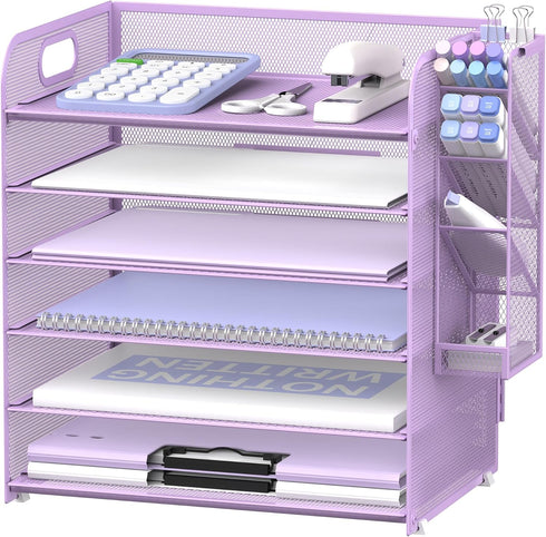 SUPEASY 6 Tier Paper Organizer with 4 Pen Holders, Mesh Desk Organizer for A4 File Folder, Purple