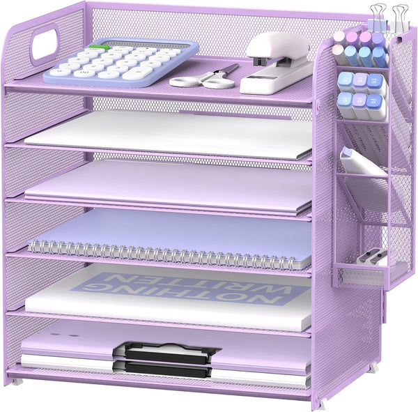 SUPEASY 6 Tier Paper Organizer with 4 Pen Holders, Mesh Desk Organizer for A4 File Folder, Purple