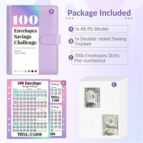 Sooez 100 Envelopes Money Saving Challenge, Savings Challenges Book with Envelopes, Flexible Saving $5050, 2600, 300, Savings Binder with 100 Pocket Pre-number, Reusable Laminated Tracker by Sooez