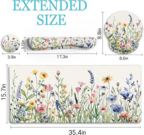 Flower Mouse Pad Set, Large Desk Mat for Desktop, Ergonomic Mouse Pad with Wrist Rest, Gaming Mouse Pad Wrist Support,