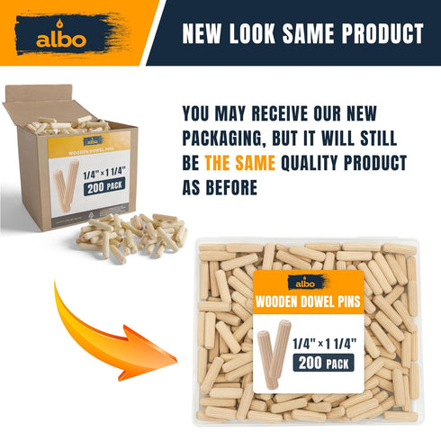ALBO Wooden Dowel Pins - 1/4 x 1-1/4 inch Fluted Wood Dowels, 200 Pack for Crafts