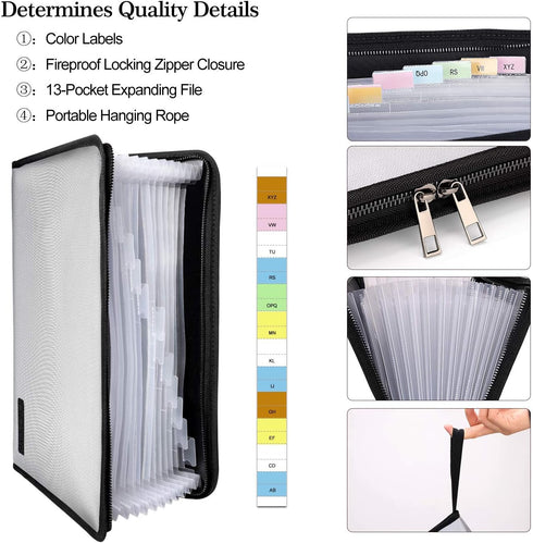 ENGPOW Expanding File Folder - Fireproof Waterproof Document Organizer with 13 Pockets, Zipper Closure, Portable Pouch
